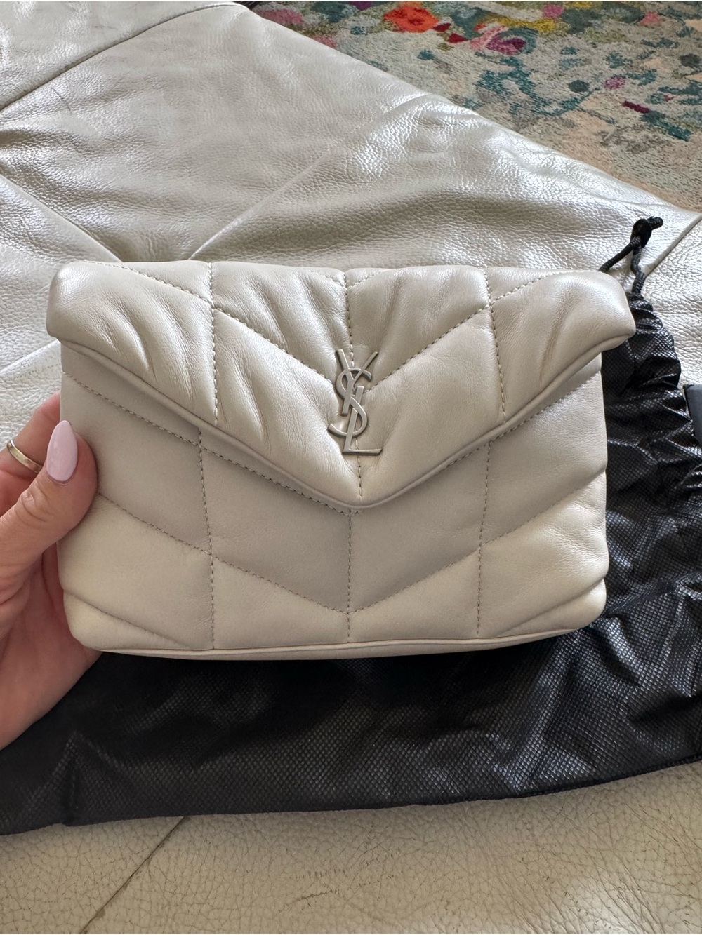 Saint Laurent Quilted Chevron Leather Clutch in Light Gray
